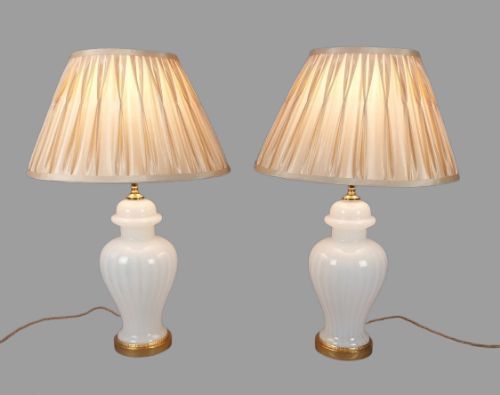 PAIR OF DECO OPALINE WHITE GLASS LAMPS WITH GOLD SHADES