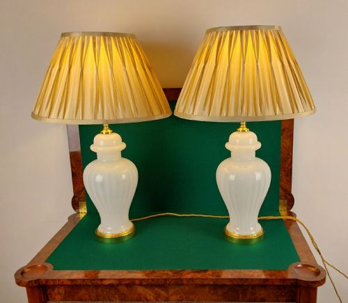 PAIR OF DECO OPALINE WHITE GLASS LAMPS WITH GOLD SHADES - ADDITIONAL PHOTO 1
