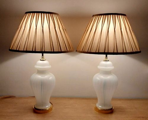 PAIR OF DECO OPALINE WHITE GLASS LAMPS WITH GOLD SHADES - ADDITIONAL PHOTO 2