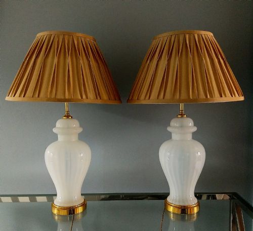 PAIR OF DECO OPALINE WHITE GLASS LAMPS WITH GOLD SHADES - ADDITIONAL PHOTO 3