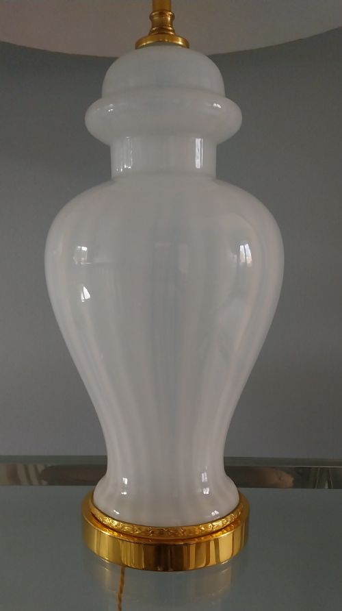 PAIR OF DECO OPALINE WHITE GLASS LAMPS WITH GOLD SHADES - ADDITIONAL PHOTO 6