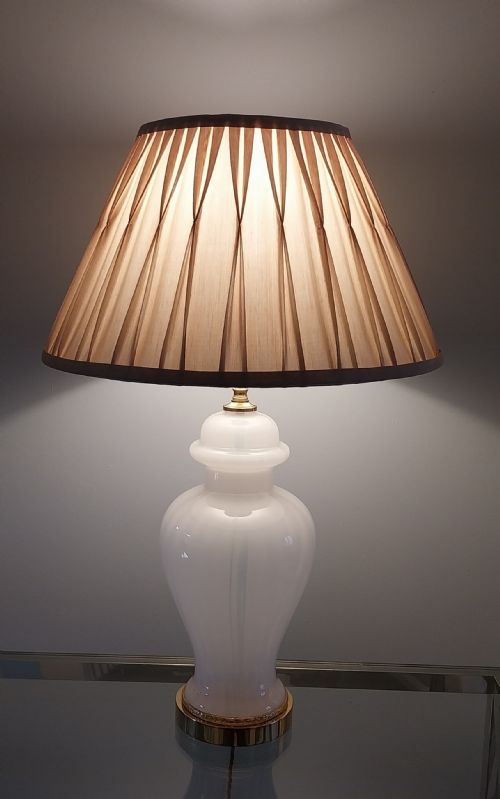 PAIR OF DECO OPALINE WHITE GLASS LAMPS WITH GOLD SHADES - ADDITIONAL PHOTO 9