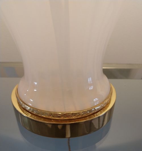 PAIR OF DECO OPALINE WHITE GLASS LAMPS WITH GOLD SHADES - ADDITIONAL PHOTO 13