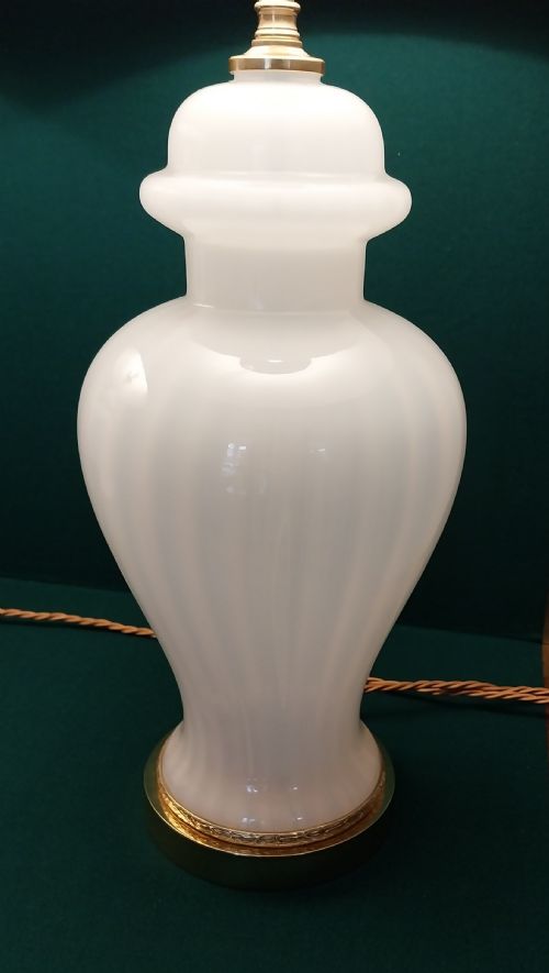 PAIR OF DECO OPALINE WHITE GLASS LAMPS WITH GOLD SHADES - ADDITIONAL PHOTO 18