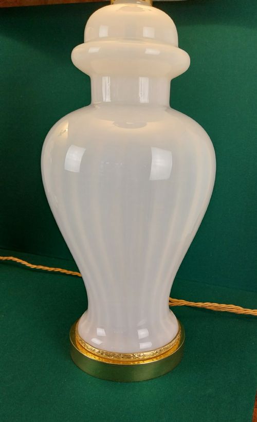 PAIR OF DECO OPALINE WHITE GLASS LAMPS WITH GOLD SHADES - ADDITIONAL PHOTO 19