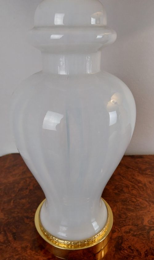PAIR OF DECO OPALINE WHITE GLASS LAMPS WITH GOLD SHADES - ADDITIONAL PHOTO 24
