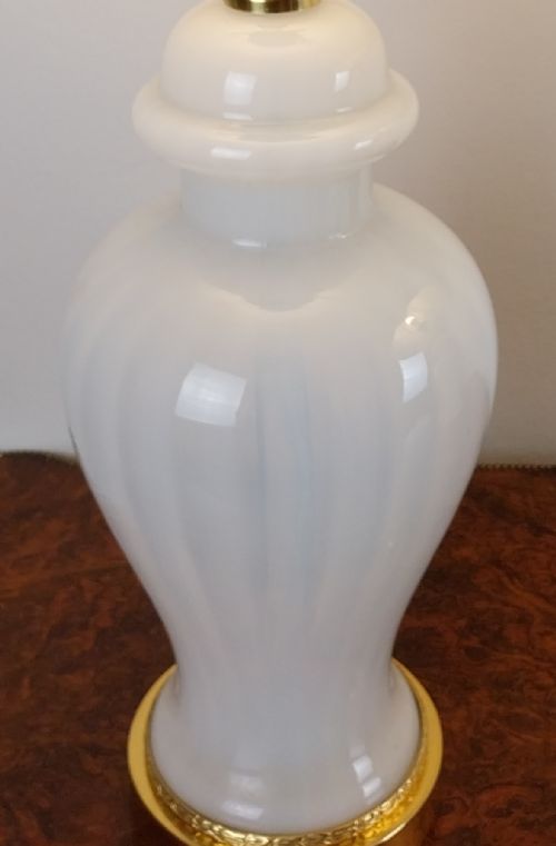 PAIR OF DECO OPALINE WHITE GLASS LAMPS WITH GOLD SHADES - ADDITIONAL PHOTO 25