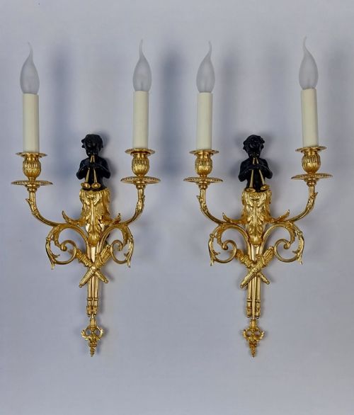 PAIR OF BRONZE GILT FRENCH CHERUB ANTIQUE WALL LIGHTS