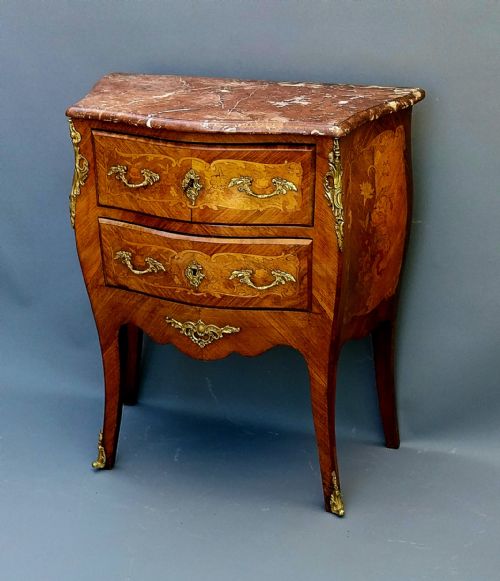 SMALL FRENCH BOMBE SHAPED MARBLE TOP CHEST OF DRAWERS - ADDITIONAL PHOTO 1