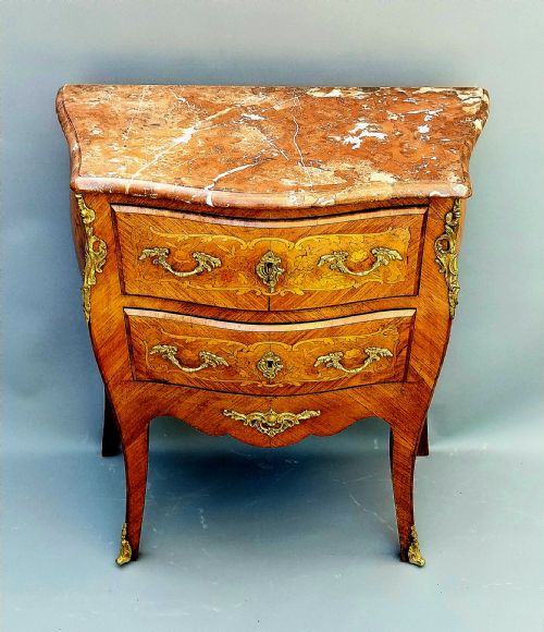 SMALL FRENCH BOMBE SHAPED MARBLE TOP CHEST OF DRAWERS - ADDITIONAL PHOTO 4
