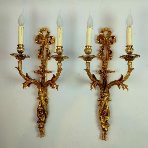 PAIR OF ANTIQUE FRENCH LOUIS XV REVIVAL GILT BRONZE TWOARM WALL SCONCES