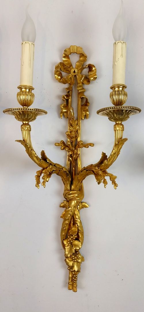 PAIR OF ANTIQUE FRENCH LOUIS XV REVIVAL GILT BRONZE TWOARM WALL SCONCES - ADDITIONAL PHOTO 2