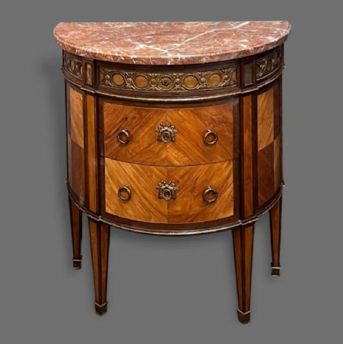 ANTIQUE FRENCH DEMI LUNE CHEST OF DRAWERS WITH MARBLE TOP