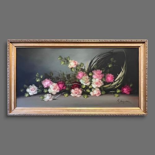 FABULOUS IMPRESSIONIST LARGE STILL LIFE PAINTING ROSES SPILLING FROM WICKER BASKET