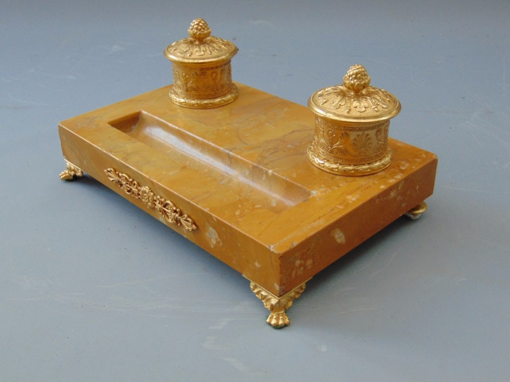 A Sienna Marble Desk Stand  ink well writing