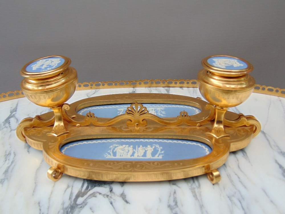 A high quality Ormolu Desk Stand with Wedgwood Jasper ware Plaques 