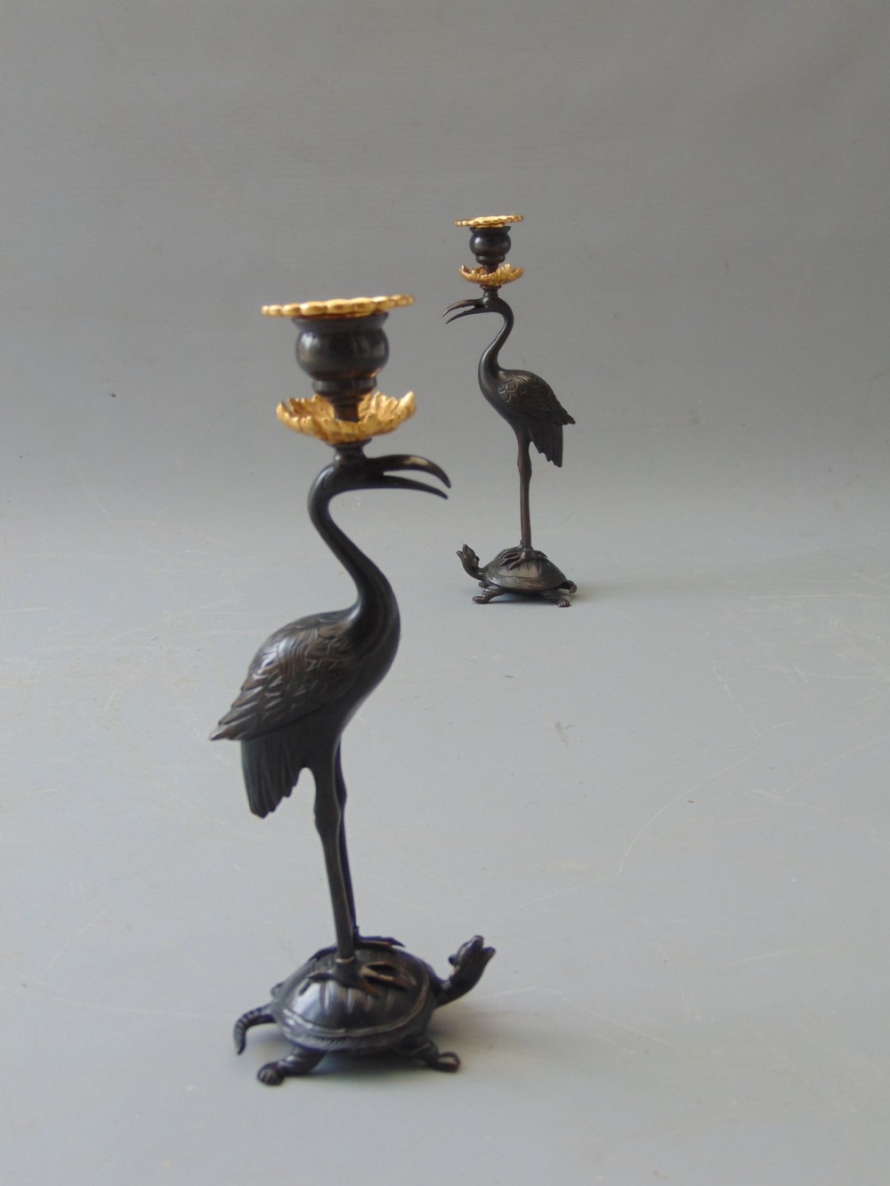 A  good Pair of  Gilt Bronze Stork Candlesticks  View II