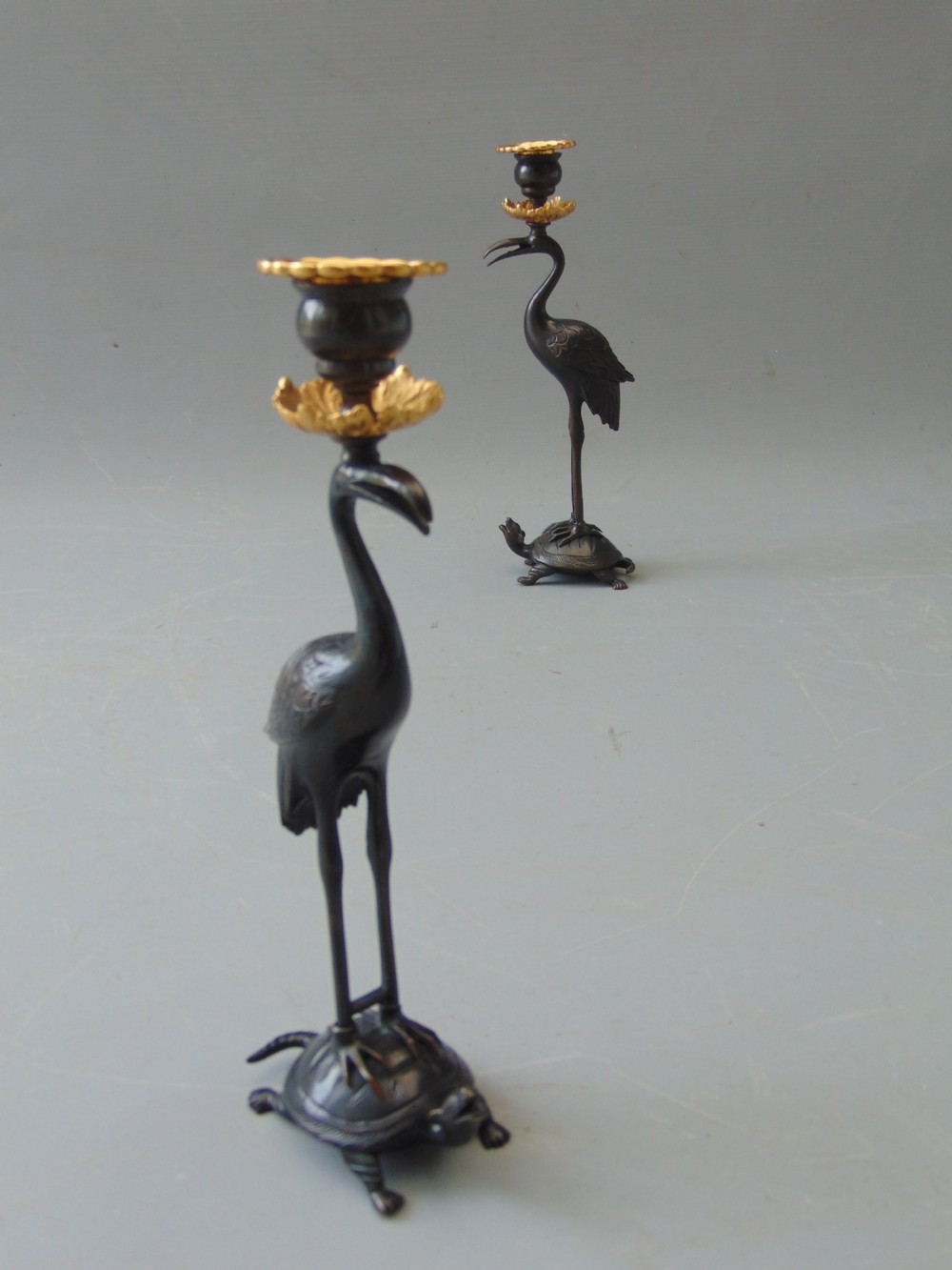 A  good Pair of  Gilt Bronze Stork Candlesticks  View III