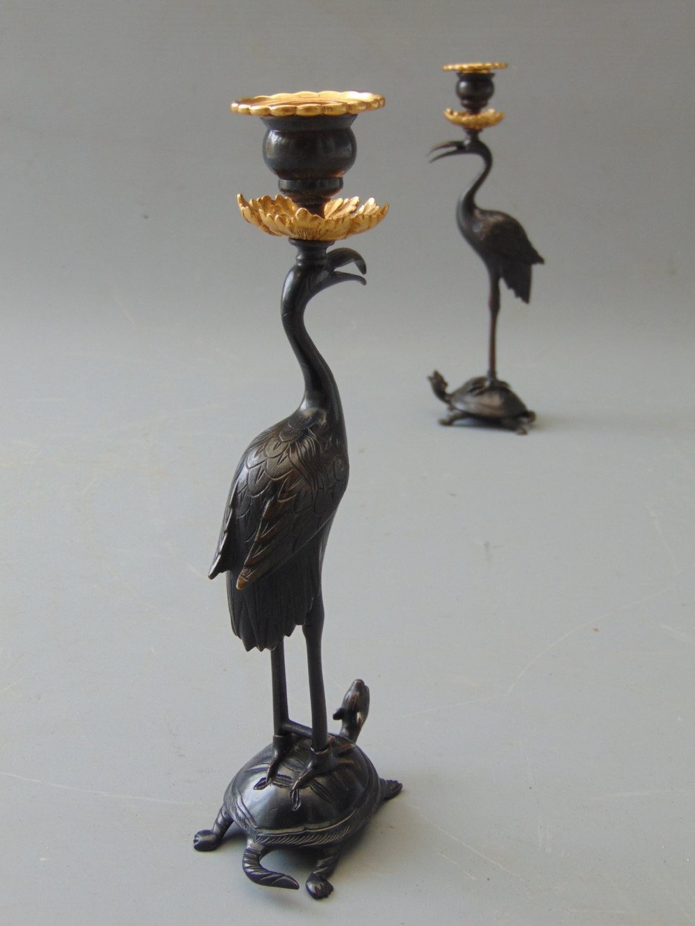 A  good Pair of  Gilt Bronze Stork Candlesticks  View IV