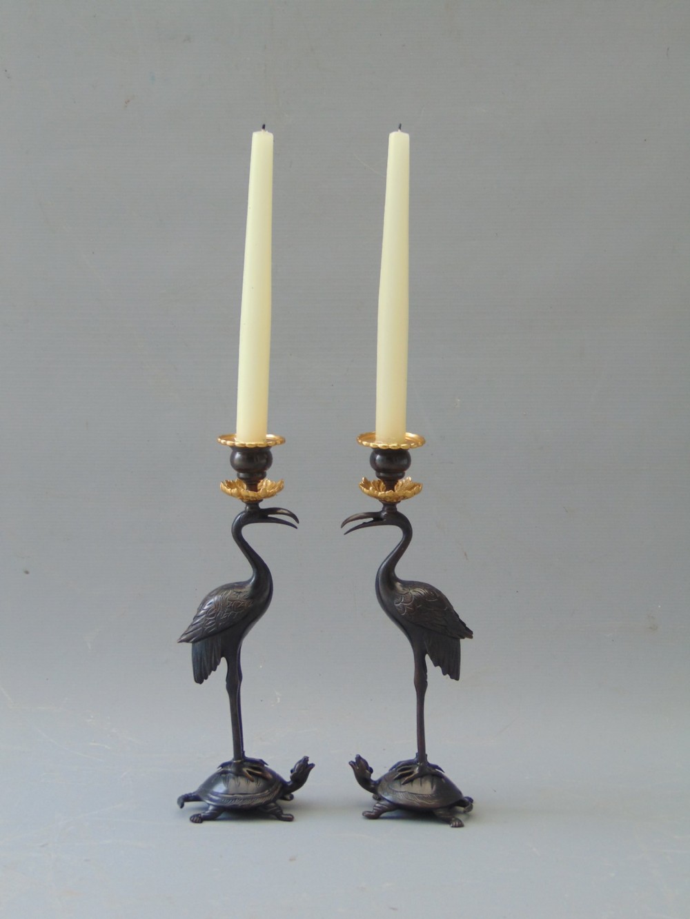 A  good Pair of  Gilt Bronze Stork Candlesticks  View V