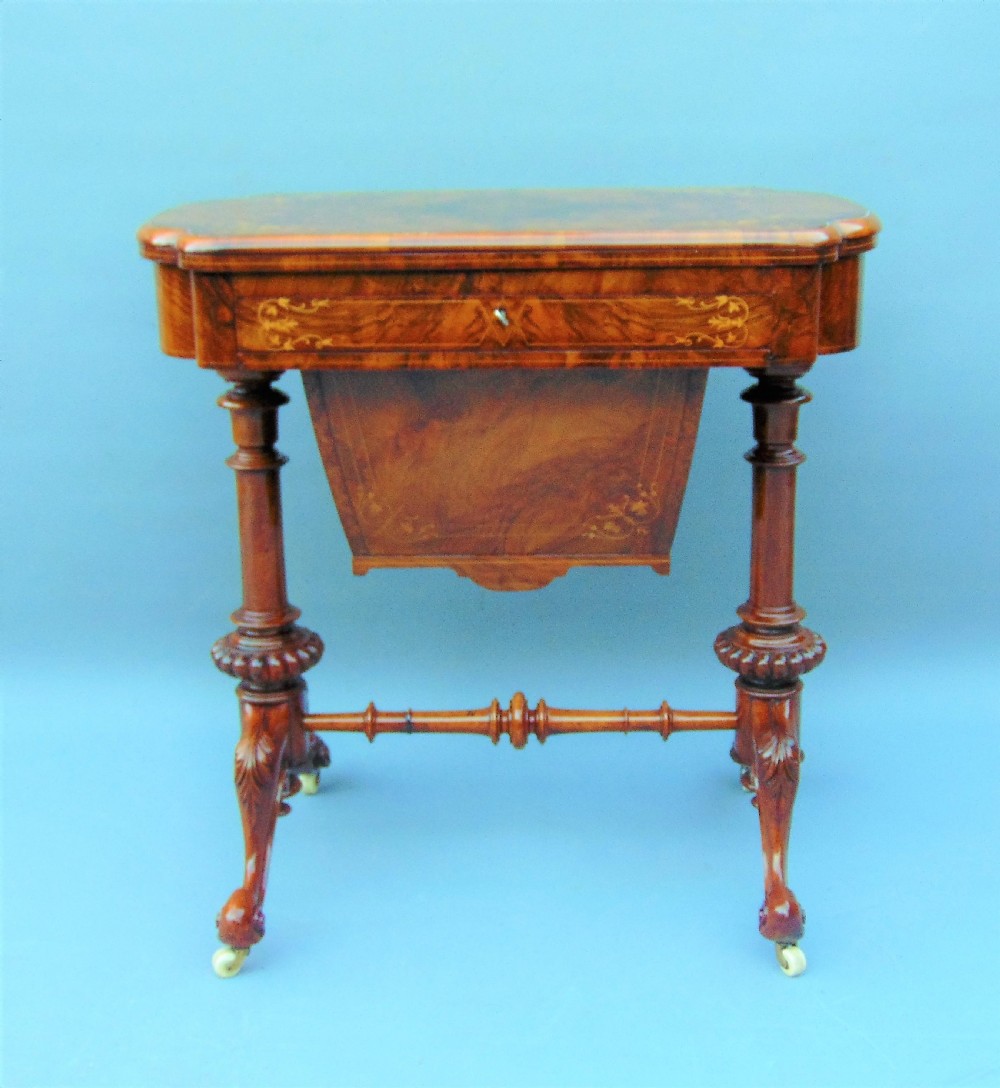 A fine English inlaid Burr Walnut Sewing games Table View III