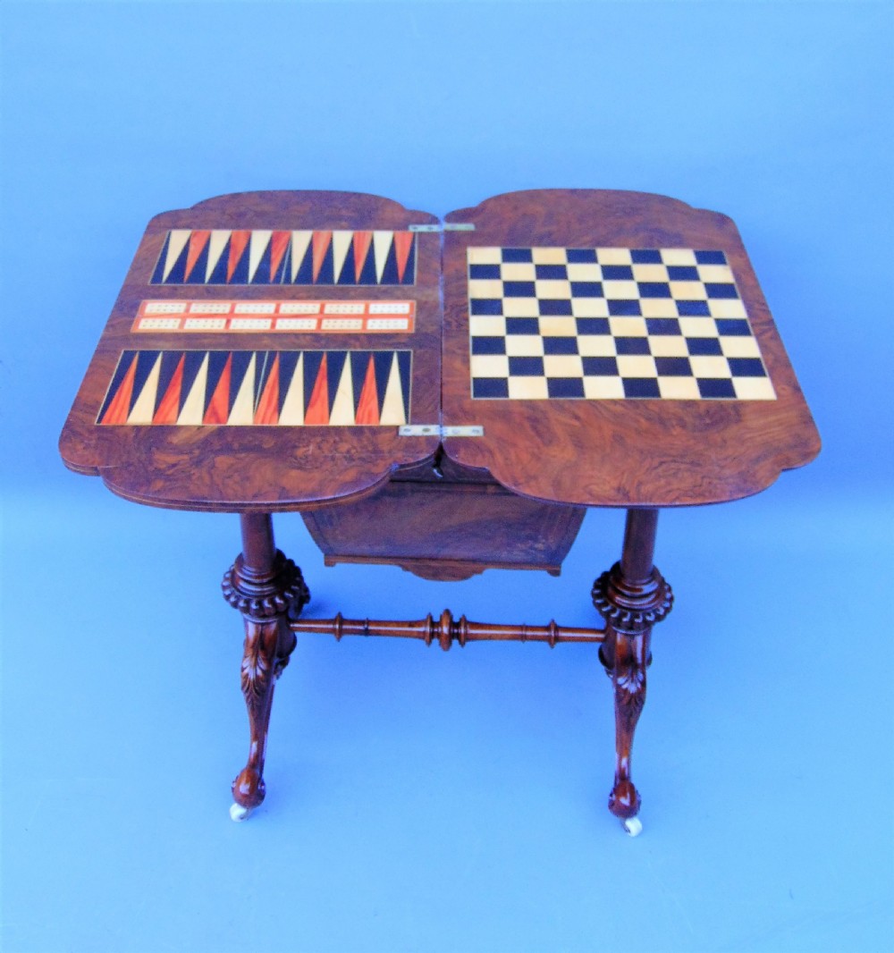 A fine English inlaid Burr Walnut Sewing games Table View V