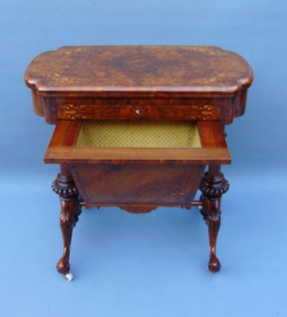 A fine English inlaid Burr Walnut Sewing games Table View VIII