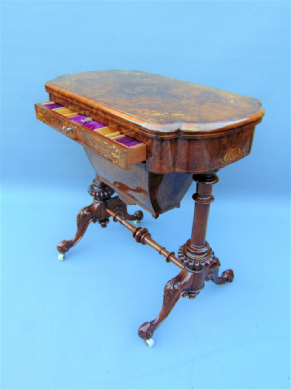 A fine English inlaid Burr Walnut Sewing games Table View IX