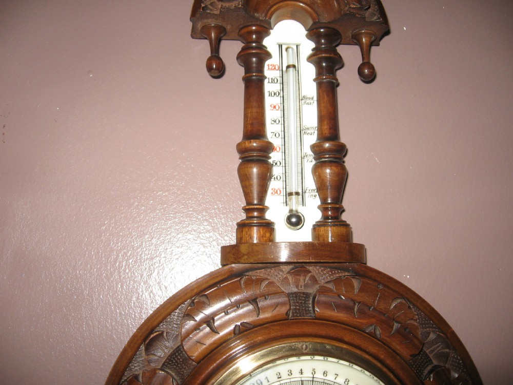 Antique carved walnut decorative barometer View II