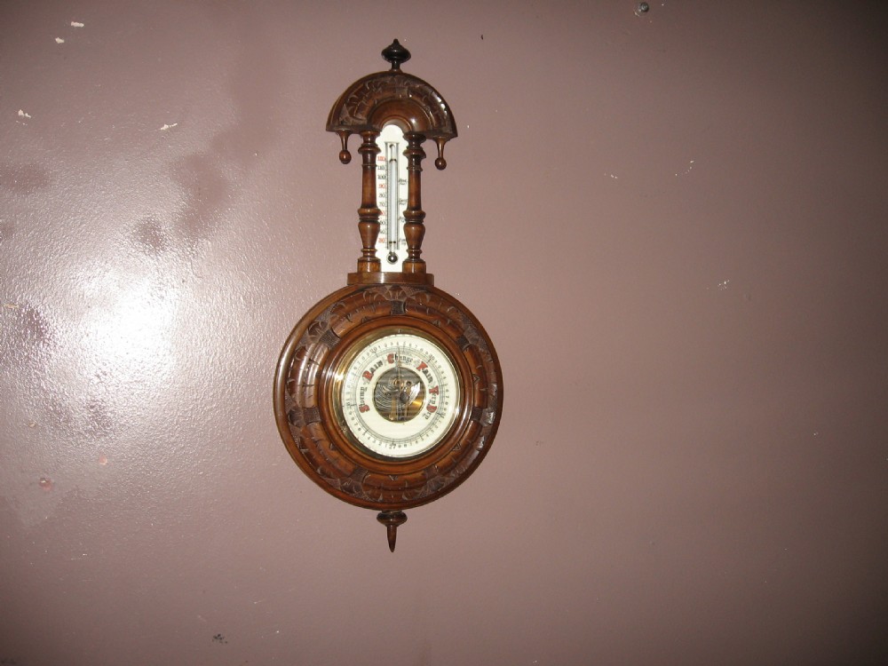 Antique carved walnut decorative barometer View IV