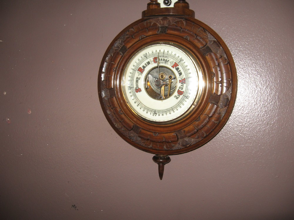 Antique carved walnut decorative barometer View V