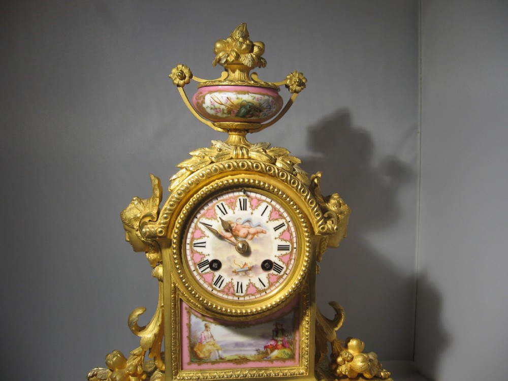 Antique French Ormolu and porcelain mantle clock View III