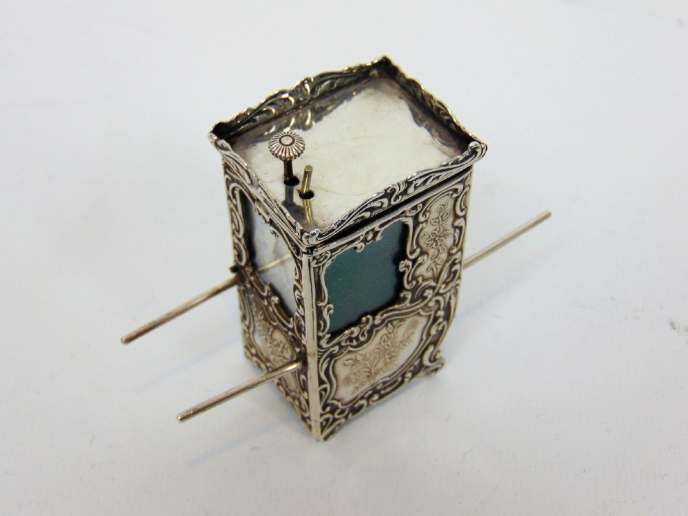 A superb silver miniature swiss sedan clock View VIII