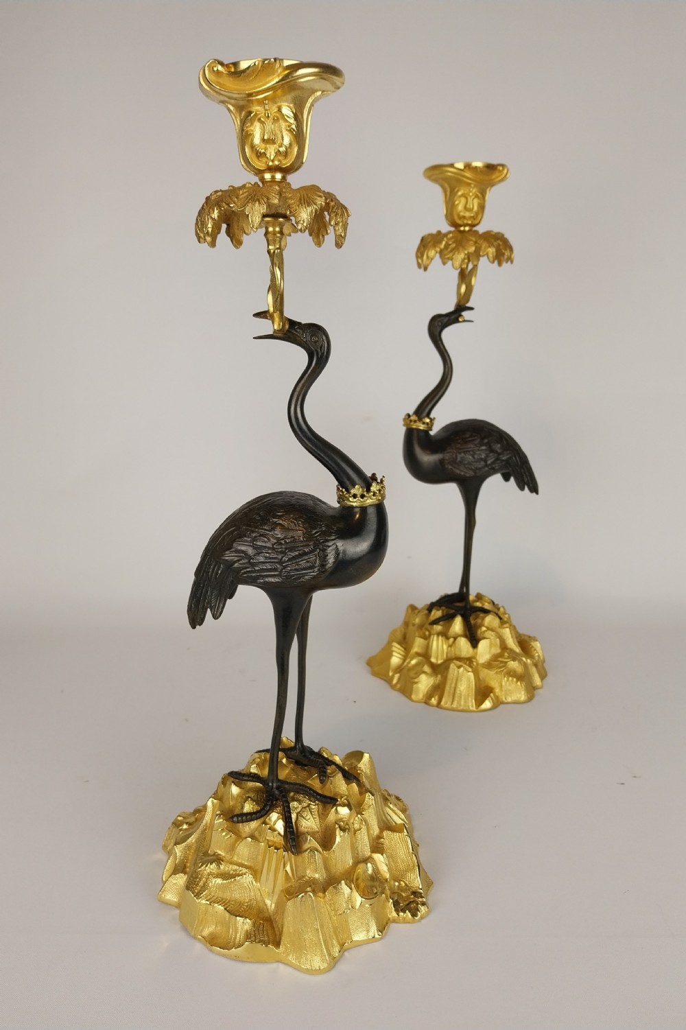 A Pair of Gilt and Bronze Stork Candlesticks  View II