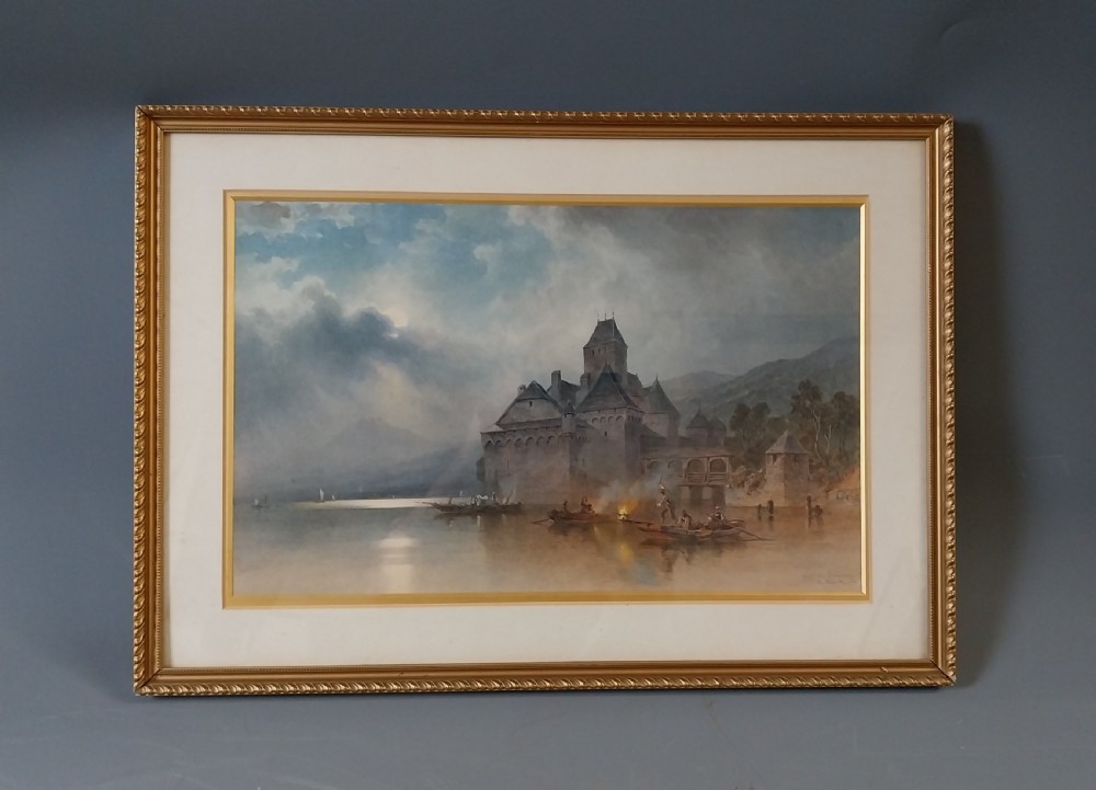 A framed 19th-century watercolour painting depicting Chillon Castle on Lake Geneva under an atmospheric sky with figures in boats in the foreground.