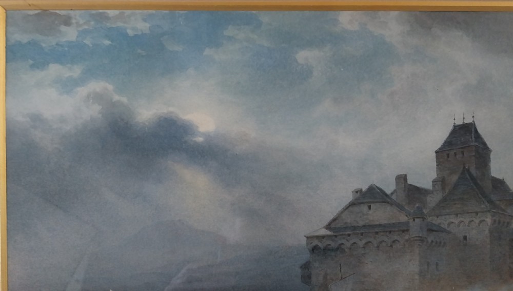 A framed 19th-century watercolour painting depicting Chillon Castle on Lake Geneva under an atmospheric sky with figures in boats in the foreground. View IV
