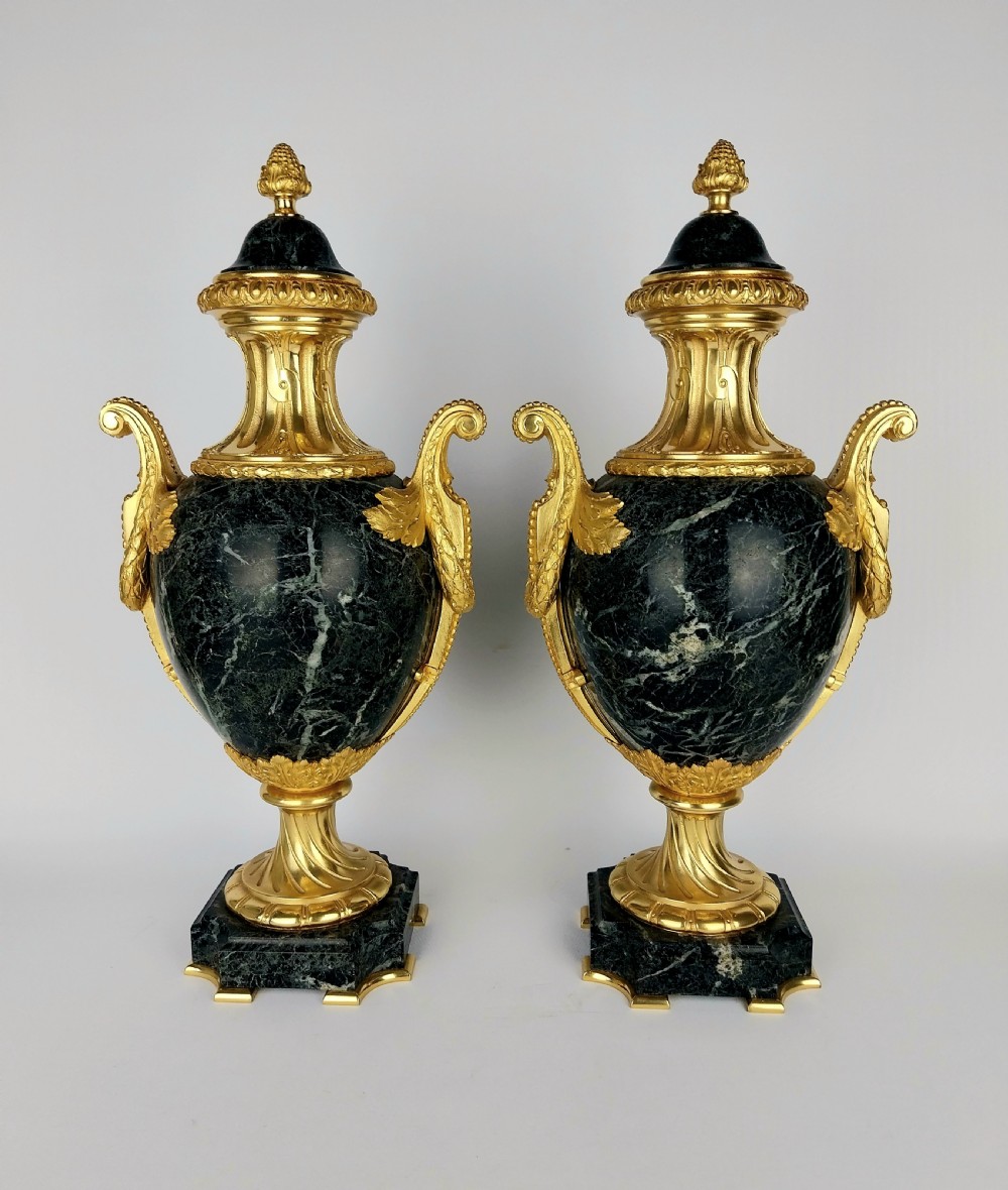 Elegant Pair of Antique Cassolettes Green Marble Urns with Gilt Bronze Mounts