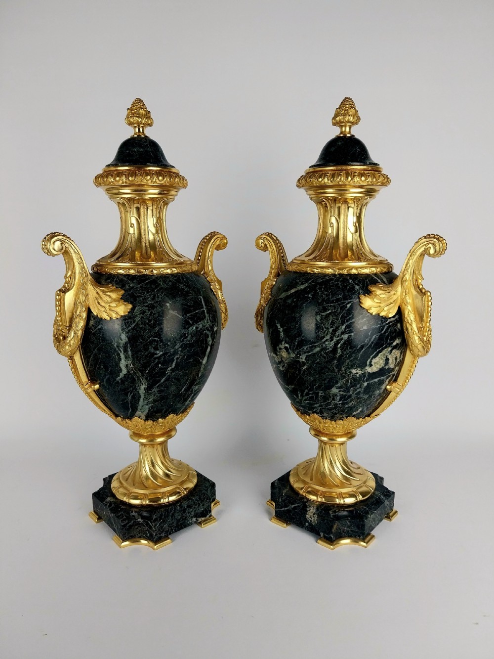 Elegant Pair of Antique Cassolettes Green Marble Urns with Gilt Bronze Mounts View II