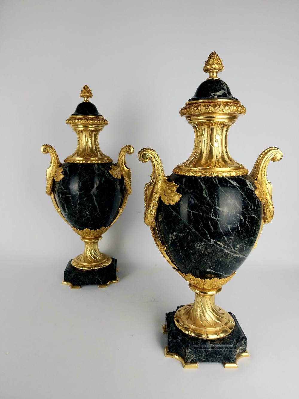 Elegant Pair of Antique Cassolettes Green Marble Urns with Gilt Bronze Mounts View III