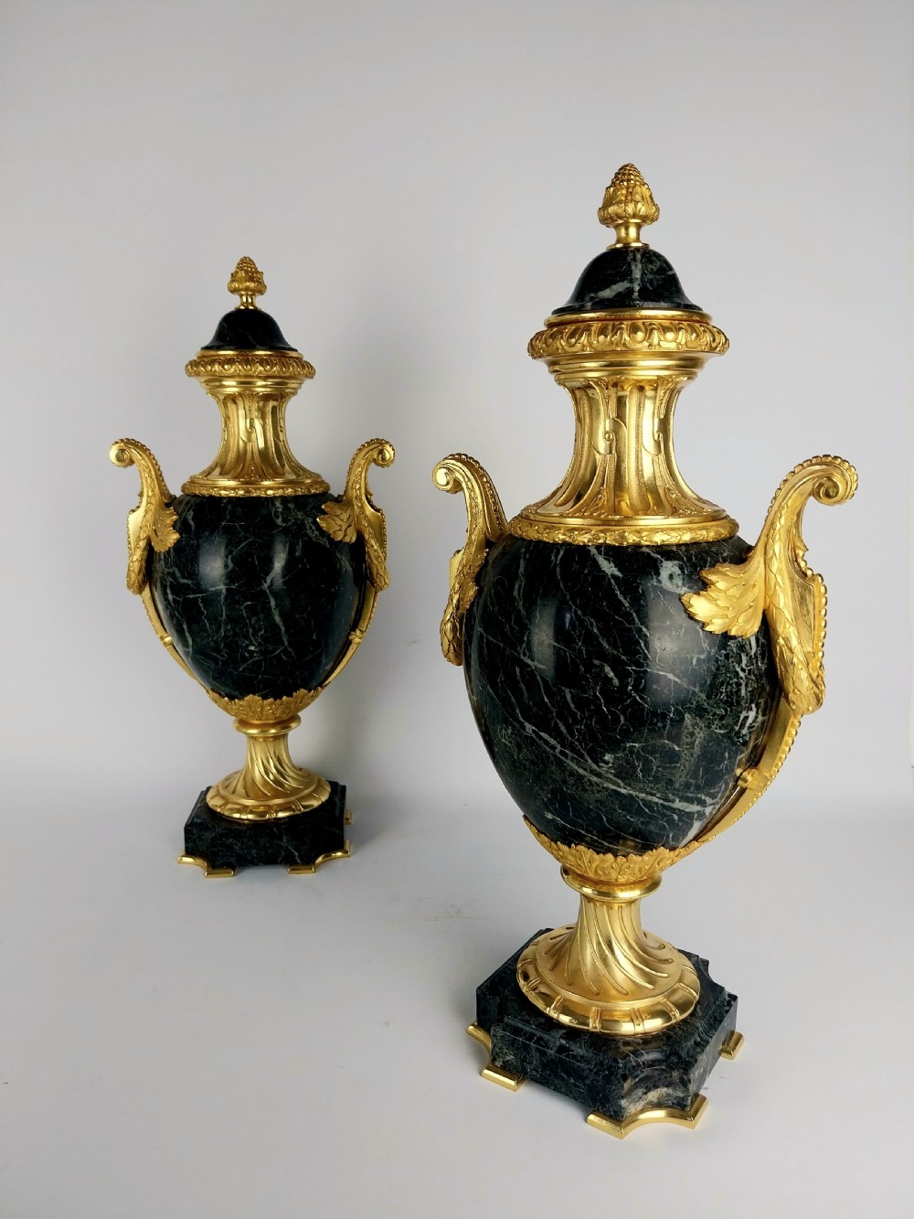 Elegant Pair of Antique Cassolettes Green Marble Urns with Gilt Bronze Mounts View V