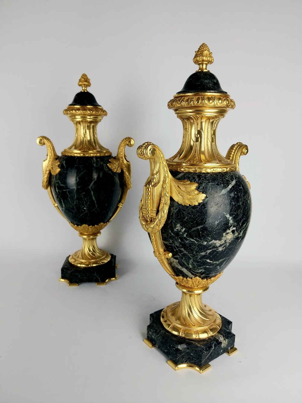 Elegant Pair of Antique Cassolettes Green Marble Urns with Gilt Bronze Mounts View VI