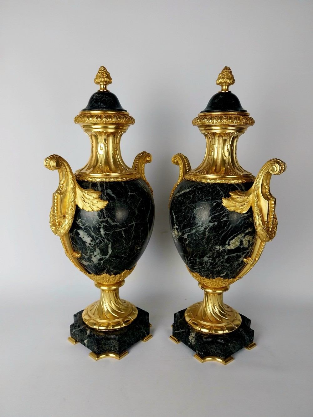 Elegant Pair of Antique Cassolettes Green Marble Urns with Gilt Bronze Mounts View VII