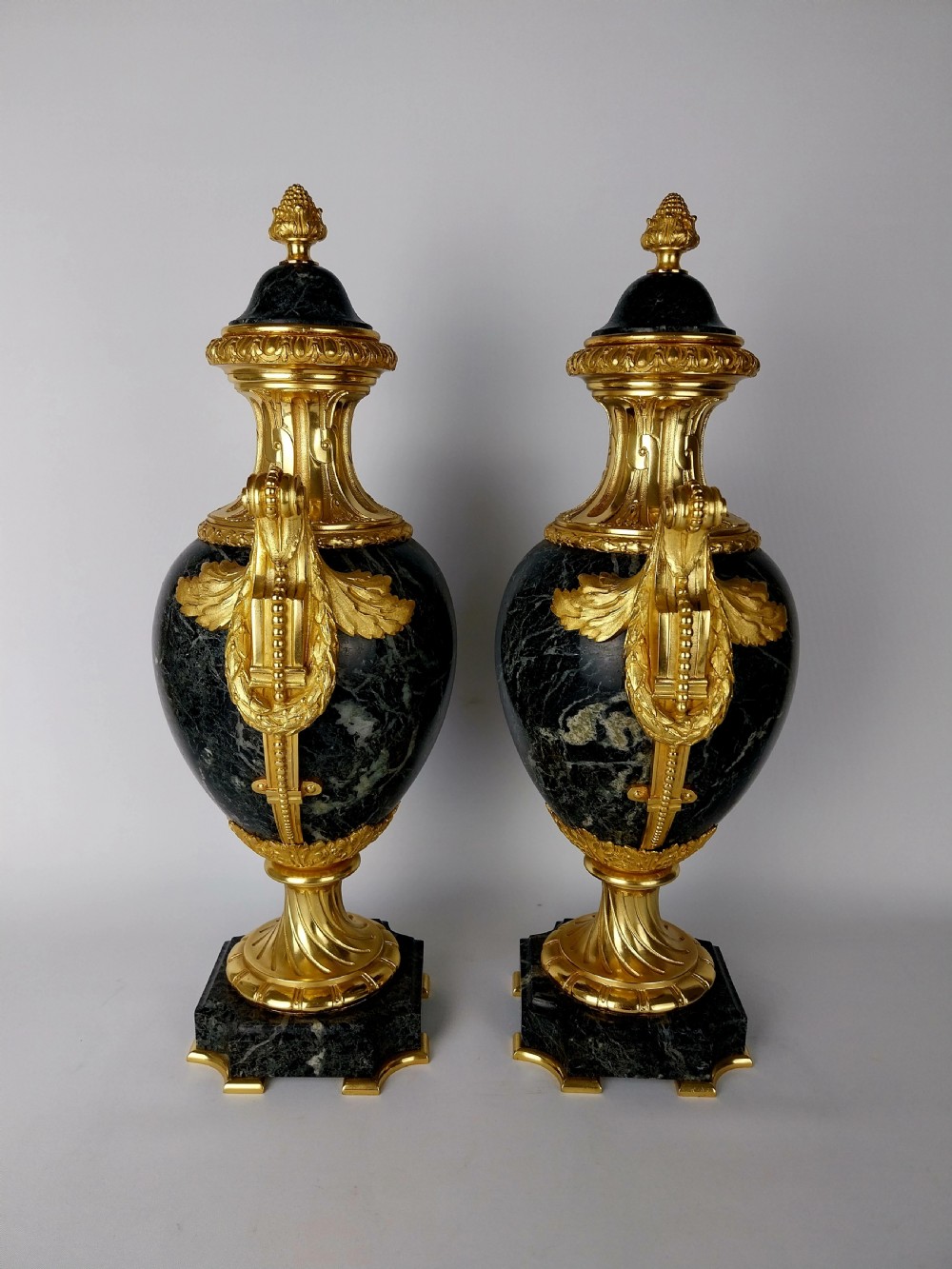 Elegant Pair of Antique Cassolettes Green Marble Urns with Gilt Bronze Mounts View VIII
