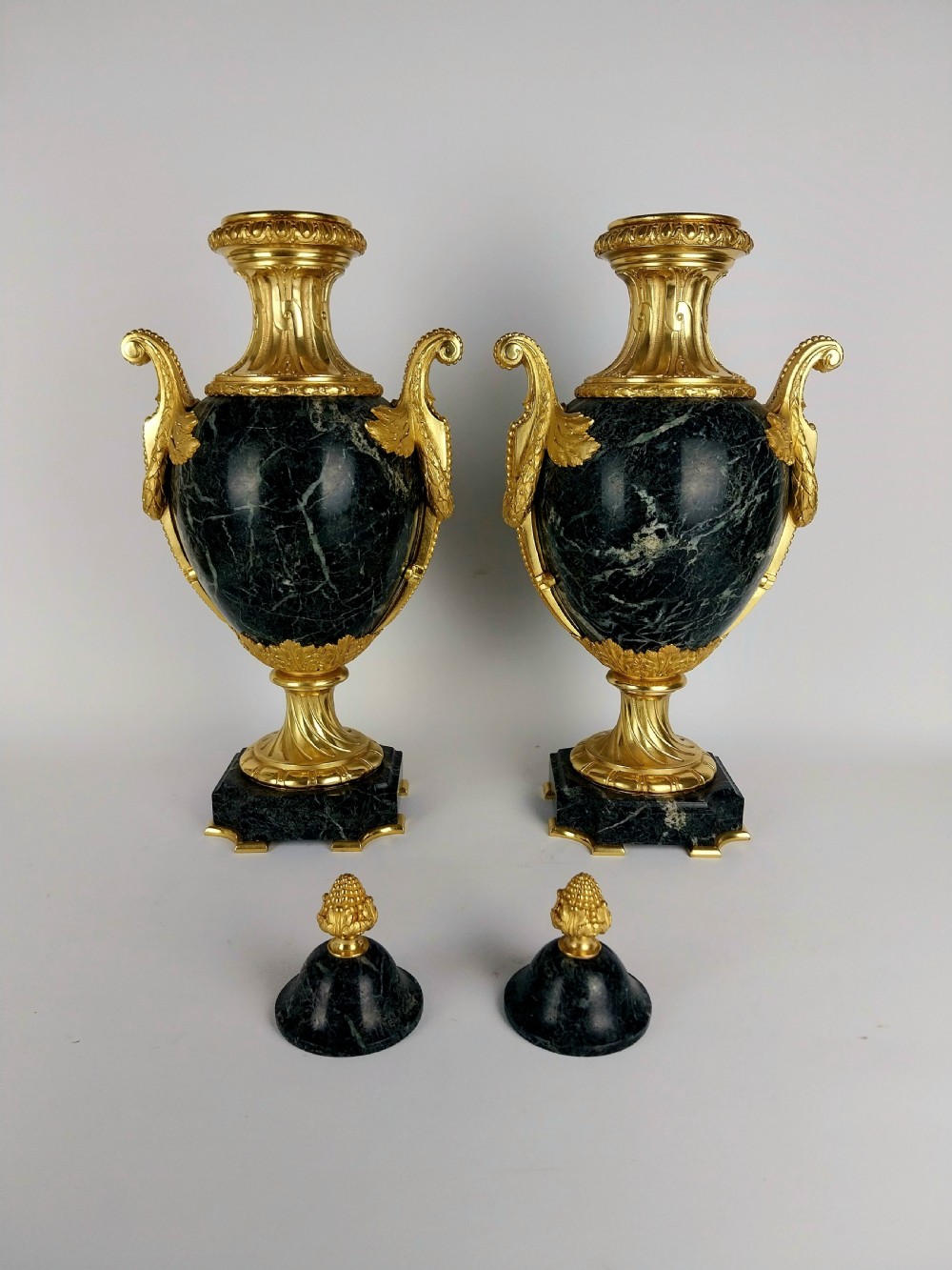 Elegant Pair of Antique Cassolettes Green Marble Urns with Gilt Bronze Mounts View IX