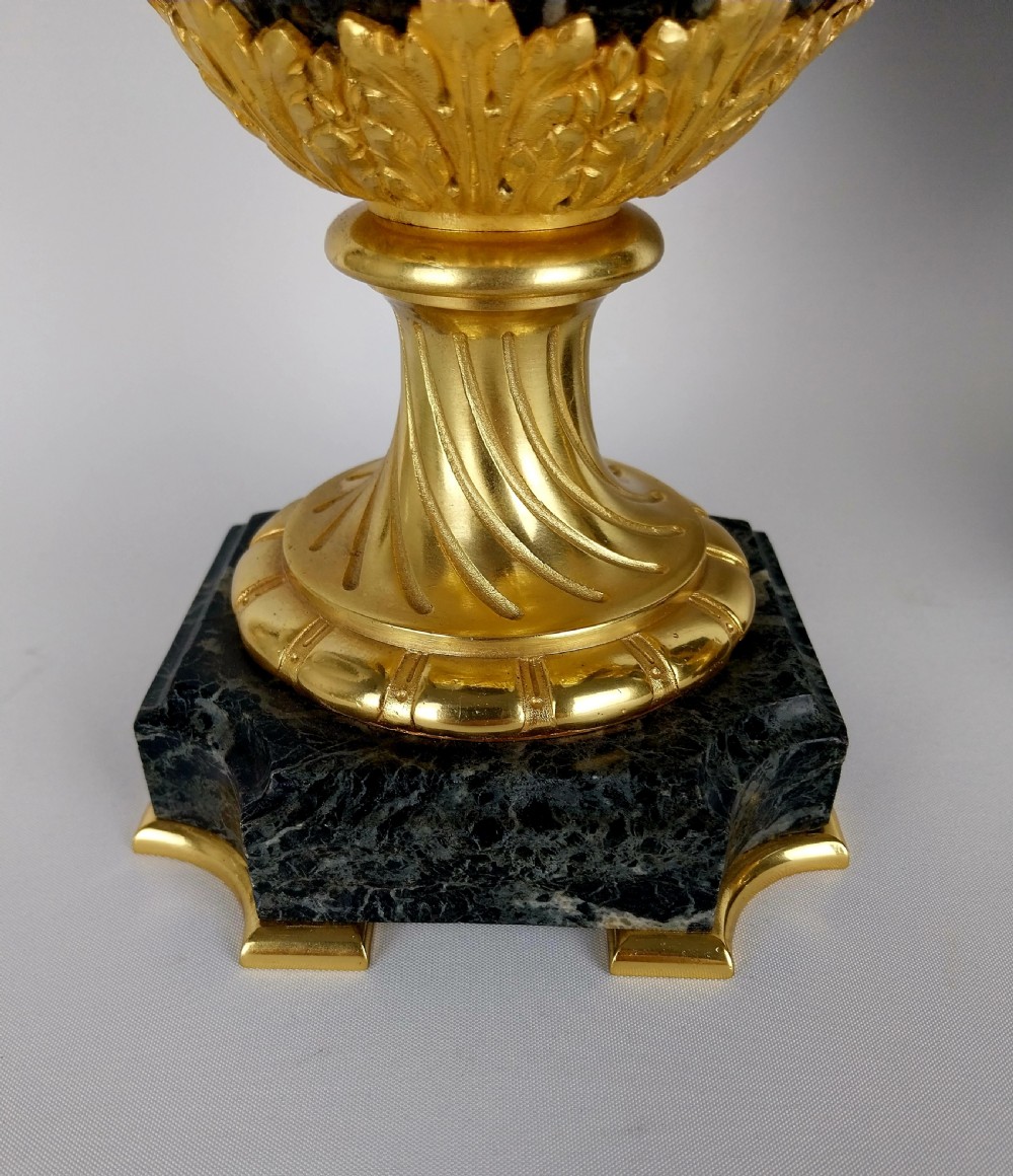 Elegant Pair of Antique Cassolettes Green Marble Urns with Gilt Bronze Mounts View XI