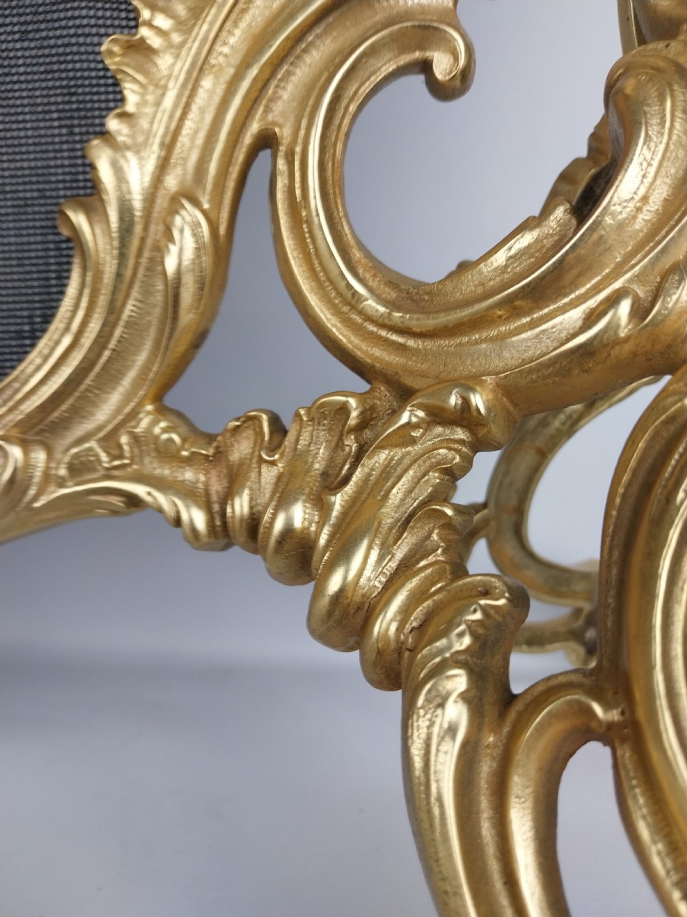 A French Louis XV style gilt bronze fire screen featuring an asymmetrical rocaille frame, central cherub motif, and woven metal mesh. View V