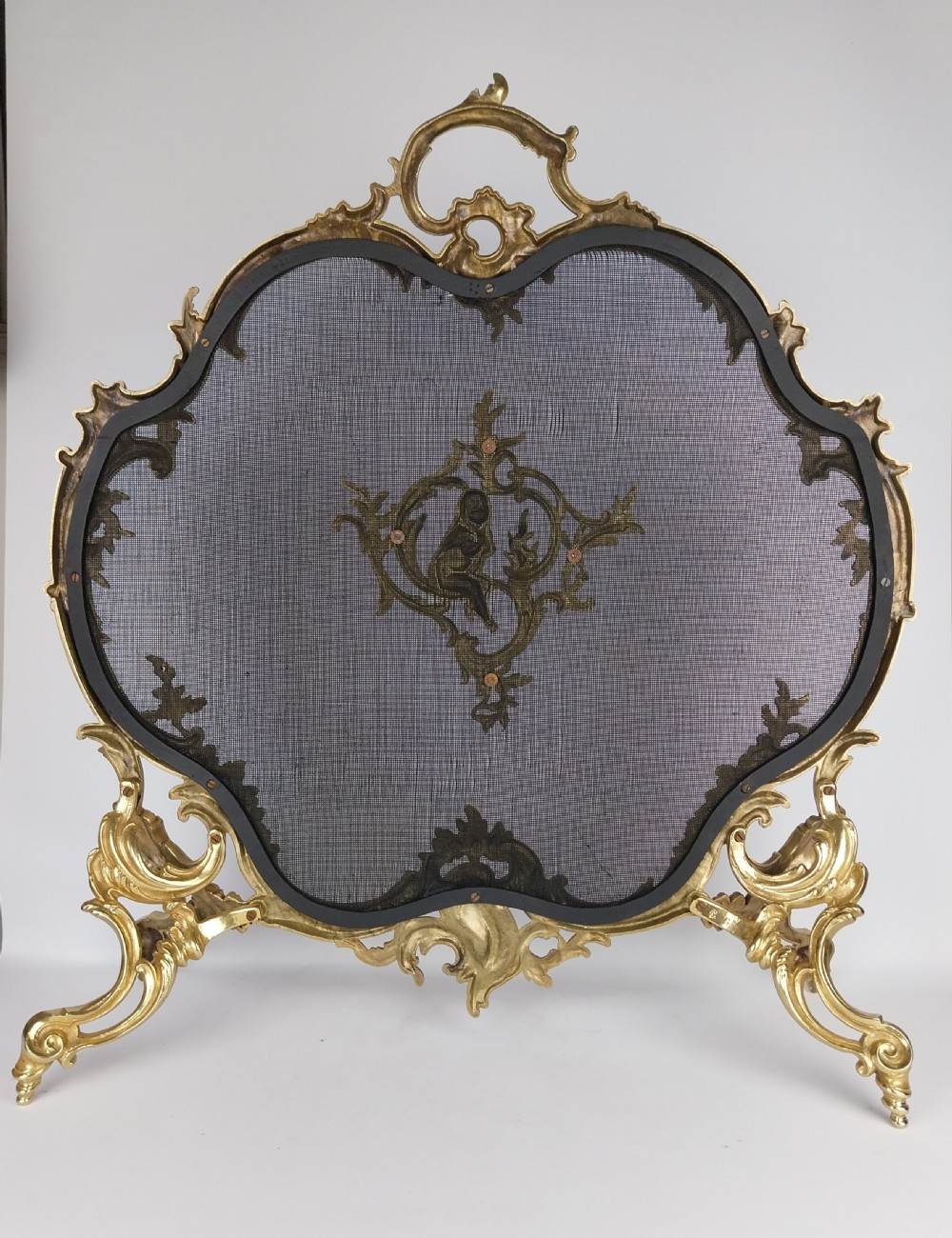 A French Louis XV style gilt bronze fire screen featuring an asymmetrical rocaille frame, central cherub motif, and woven metal mesh. View XII