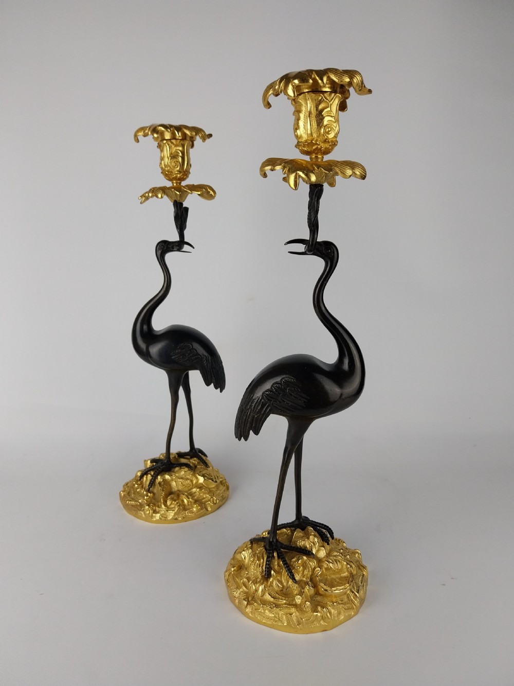 Pair of Gilt Bronze Stork Candlesticks  View III