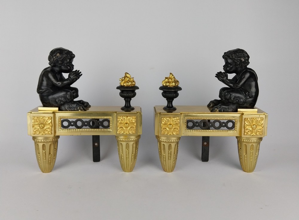 Pair of Antique Gilt Bronze Cherub  French Chenet Andirons