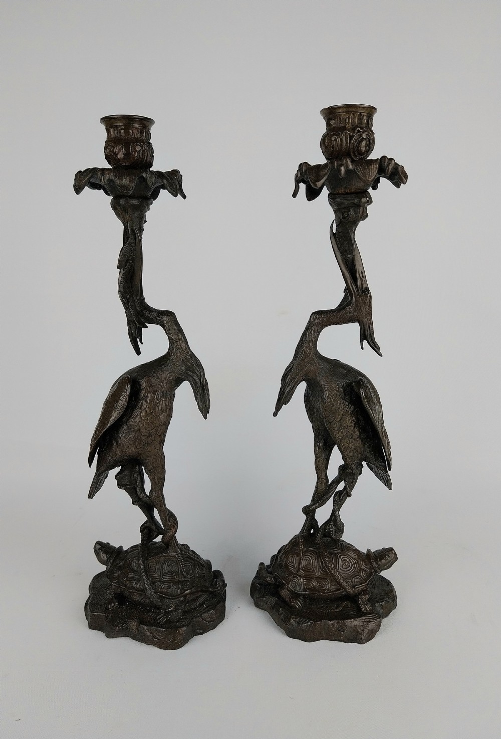 Pair of Bronze Stork Candlesticks 
